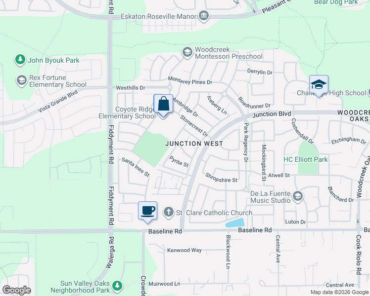 map of restaurants, bars, coffee shops, grocery stores, and more near 1800 Granite Way in Roseville