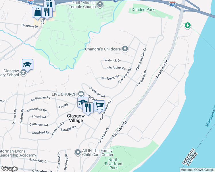 map of restaurants, bars, coffee shops, grocery stores, and more near 116 Glen Garry Road in St. Louis