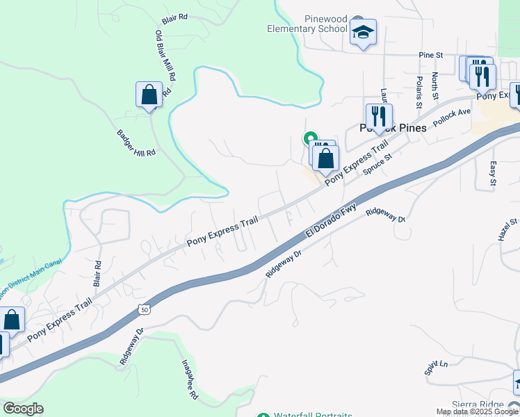 map of restaurants, bars, coffee shops, grocery stores, and more near 6021 Pony Express Trail in Pollock Pines