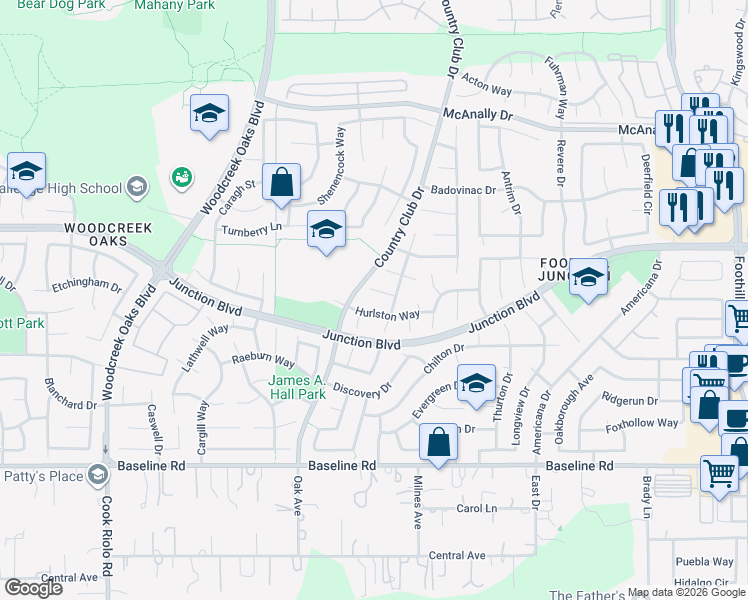 map of restaurants, bars, coffee shops, grocery stores, and more near 1422 Hurlston Way in Roseville
