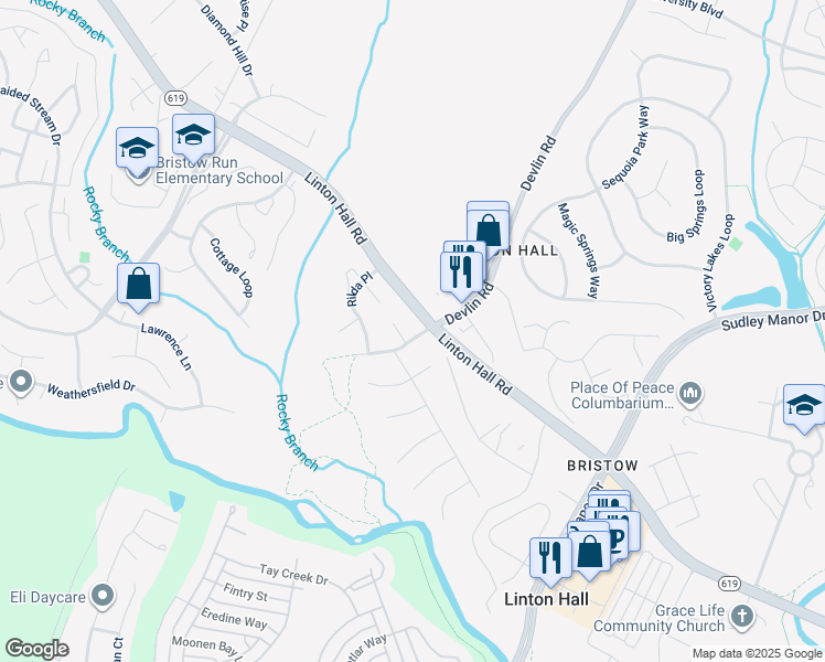map of restaurants, bars, coffee shops, grocery stores, and more near 12904 Hunting Cove Place in Bristow