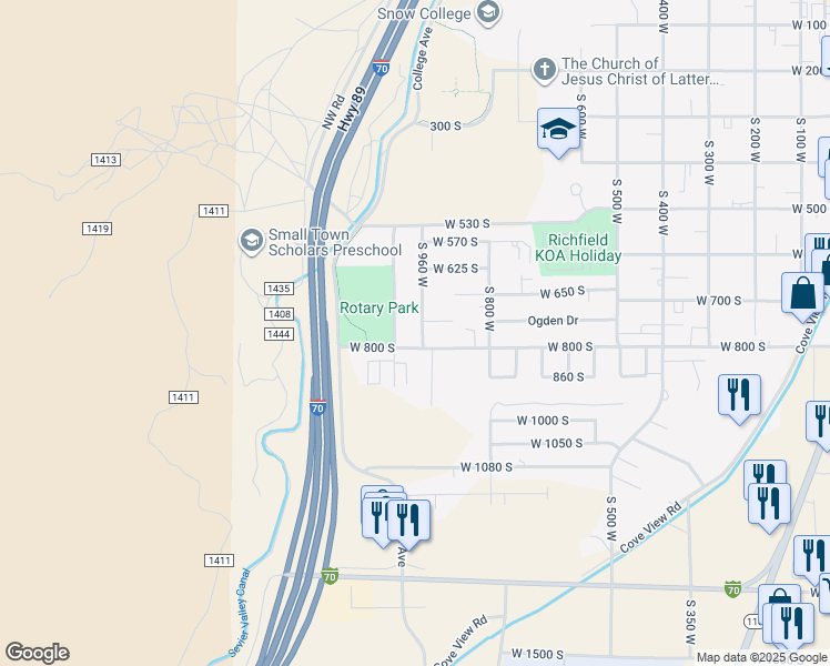 map of restaurants, bars, coffee shops, grocery stores, and more near 908 West 800 South in Richfield