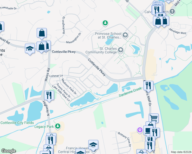 map of restaurants, bars, coffee shops, grocery stores, and more near 1254 Harmony Lake Drive in St. Peters