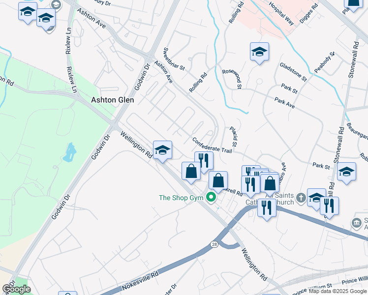map of restaurants, bars, coffee shops, grocery stores, and more near 9164 Kershaw Court in Manassas