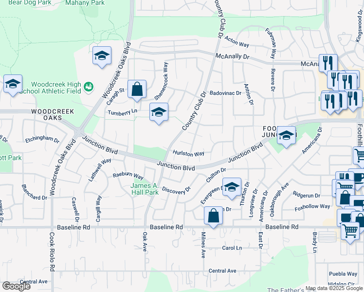 map of restaurants, bars, coffee shops, grocery stores, and more near 1422 Hurlston Way in Roseville