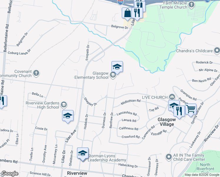 map of restaurants, bars, coffee shops, grocery stores, and more near 10512 Durness Drive in St. Louis