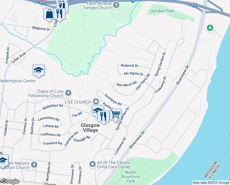 map of restaurants, bars, coffee shops, grocery stores, and more near 153 Grampian Road in St. Louis