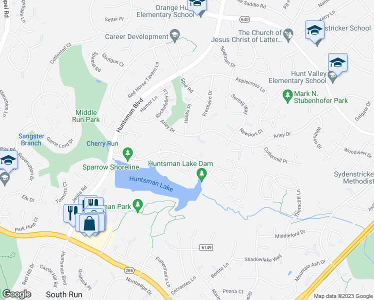 map of restaurants, bars, coffee shops, grocery stores, and more near 9008 Gavelwood Court in Springfield