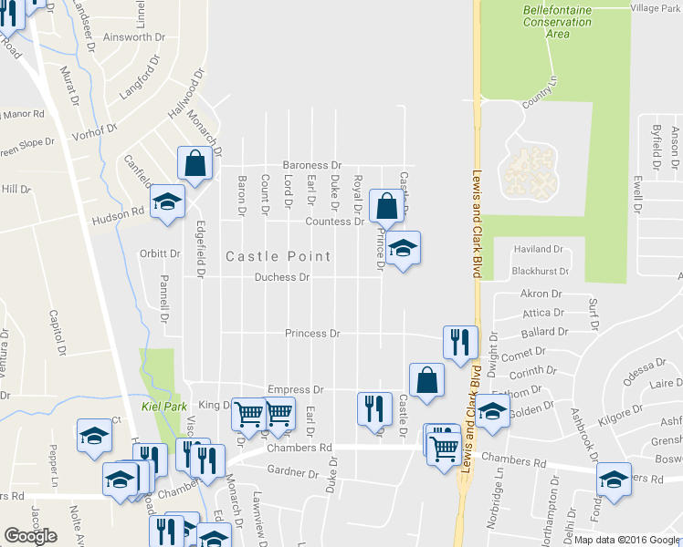 map of restaurants, bars, coffee shops, grocery stores, and more near 10300 Duke Drive in St. Louis