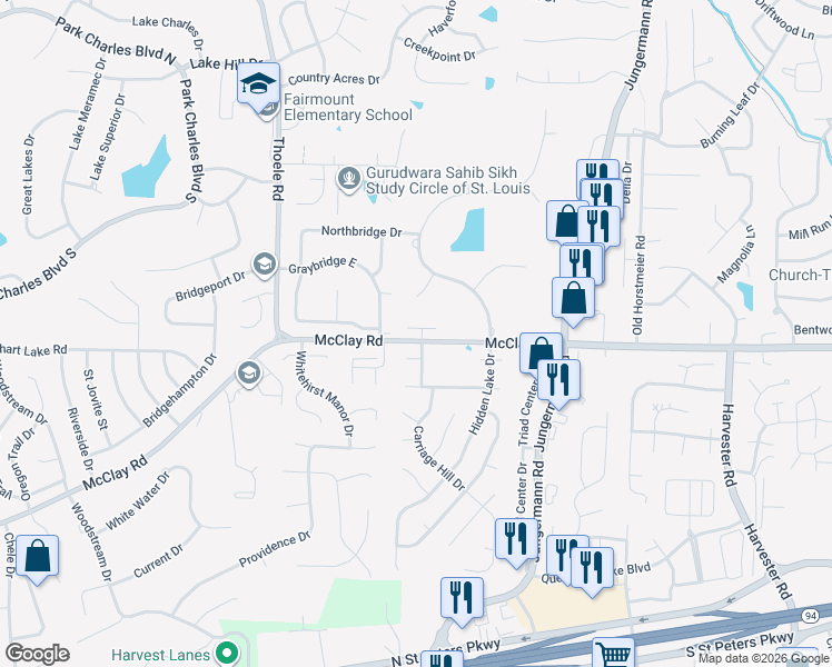 map of restaurants, bars, coffee shops, grocery stores, and more near 2 Bald Hill Court in St. Peters