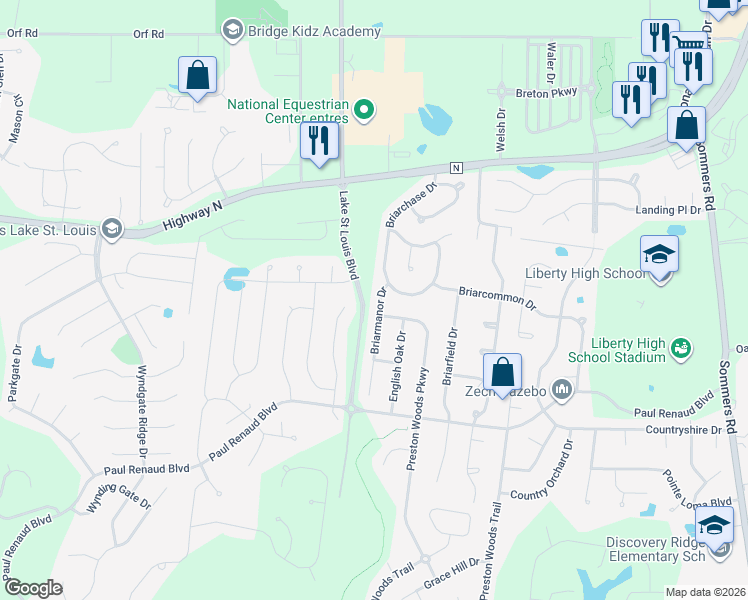 map of restaurants, bars, coffee shops, grocery stores, and more near 1713 Briarmanor Drive in Lake Saint Louis
