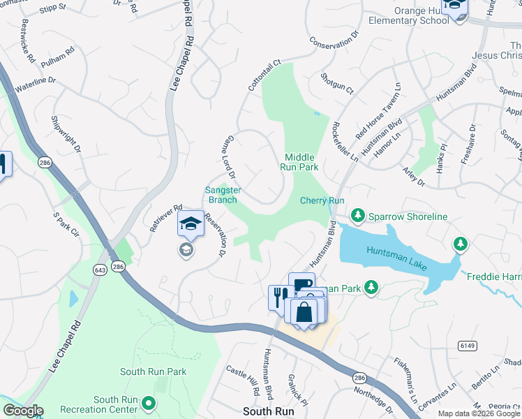 map of restaurants, bars, coffee shops, grocery stores, and more near 7167 Game Lord Drive in Springfield