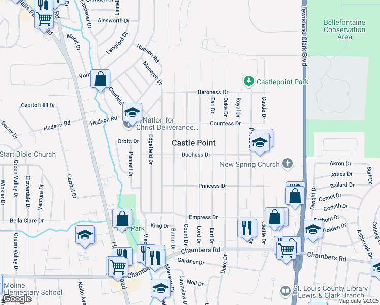 map of restaurants, bars, coffee shops, grocery stores, and more near 10200 Count Drive in St. Louis