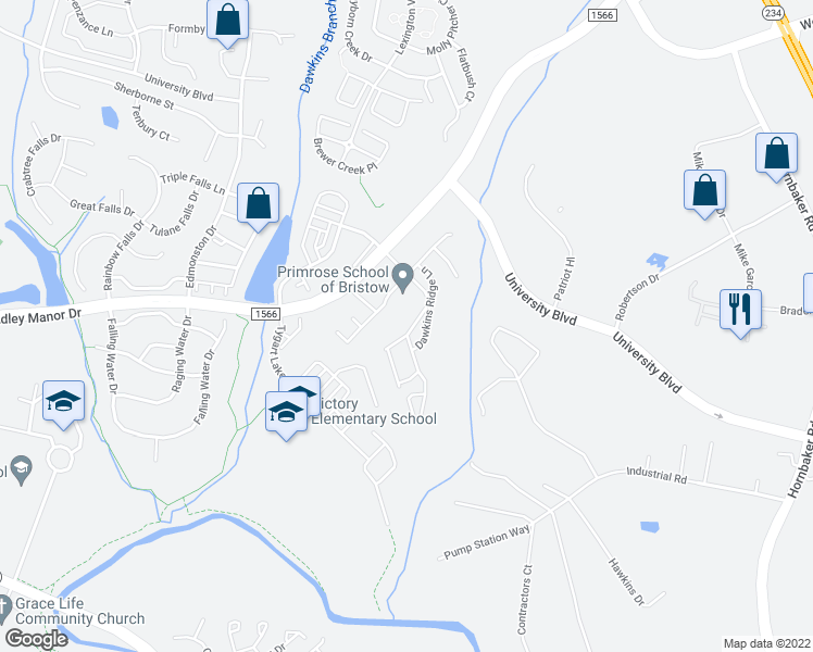 map of restaurants, bars, coffee shops, grocery stores, and more near 11825 Lake Baldwin Drive in Bristow