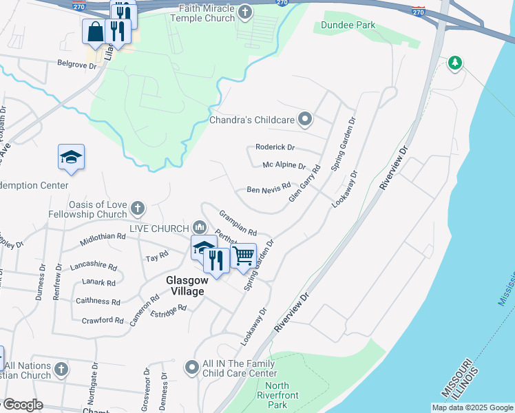 map of restaurants, bars, coffee shops, grocery stores, and more near 125 Glen Garry Road in Saint Louis