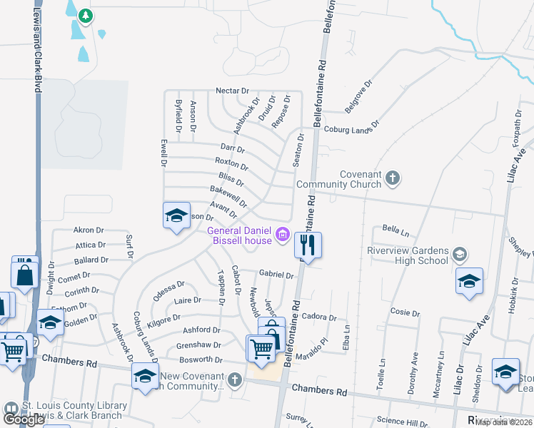 map of restaurants, bars, coffee shops, grocery stores, and more near 1032 Bakewell Drive in St. Louis