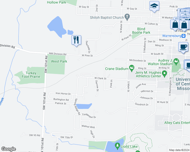 map of restaurants, bars, coffee shops, grocery stores, and more near 601 West Clark Street in Warrensburg