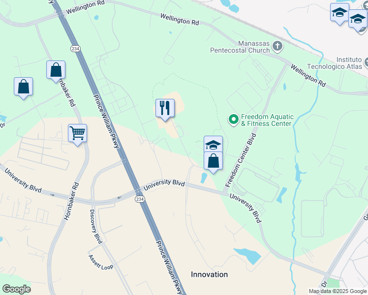 map of restaurants, bars, coffee shops, grocery stores, and more near George Mason Circle in Manassas
