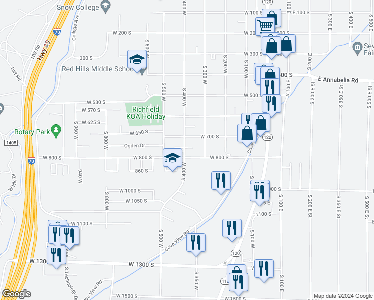 map of restaurants, bars, coffee shops, grocery stores, and more near 800 South 400 West in Richfield