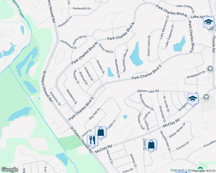 map of restaurants, bars, coffee shops, grocery stores, and more near 55 Park Charles Boulevard South in St. Peters