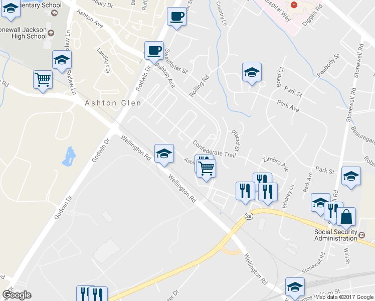 map of restaurants, bars, coffee shops, grocery stores, and more near 9158 Kershaw Court in Manassas