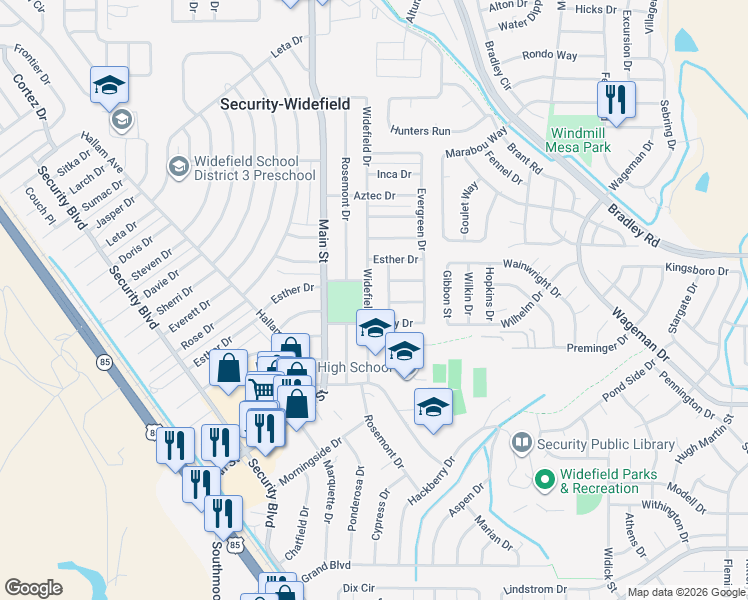 map of restaurants, bars, coffee shops, grocery stores, and more near 508 Holly Drive in Colorado Springs