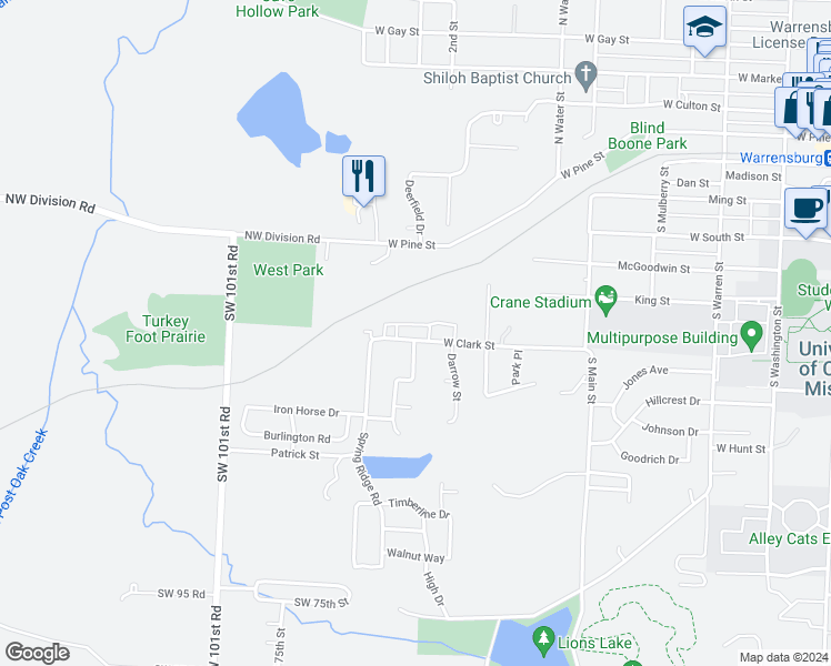 map of restaurants, bars, coffee shops, grocery stores, and more near 615 West Clark Street in Warrensburg