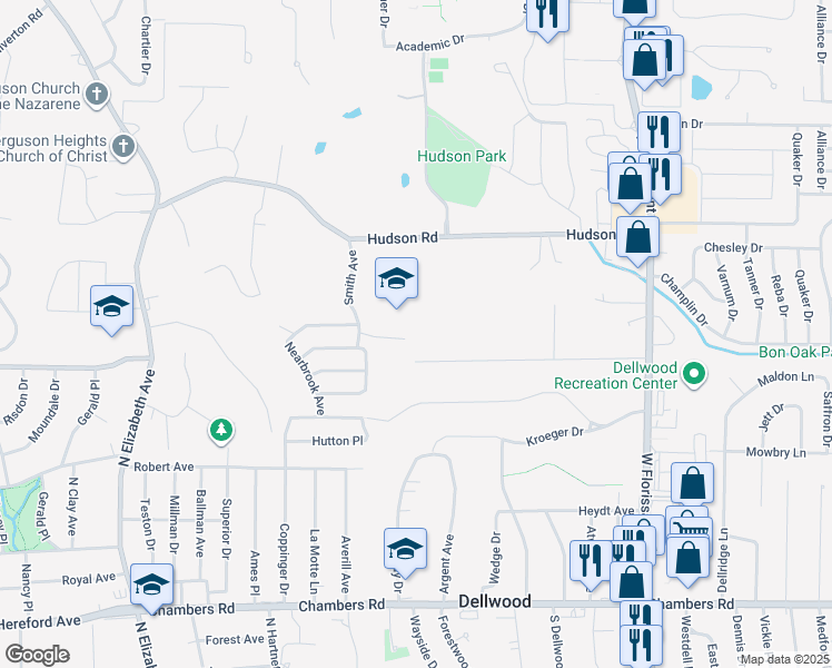 map of restaurants, bars, coffee shops, grocery stores, and more near 1045 Geringer Court in Ferguson