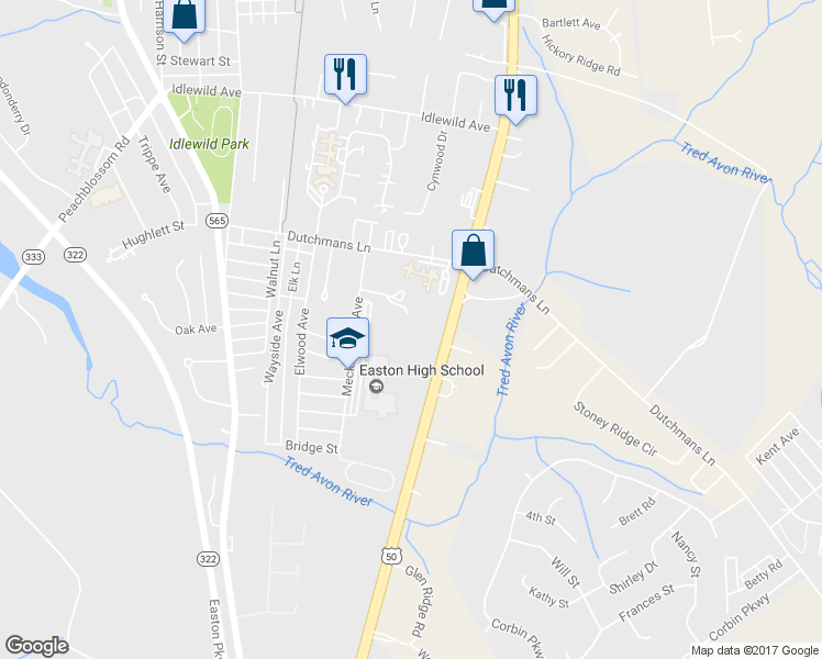 map of restaurants, bars, coffee shops, grocery stores, and more near 640 Mecklenberg Avenue in Easton