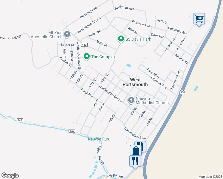 map of restaurants, bars, coffee shops, grocery stores, and more near 1377 8th Street in West Portsmouth