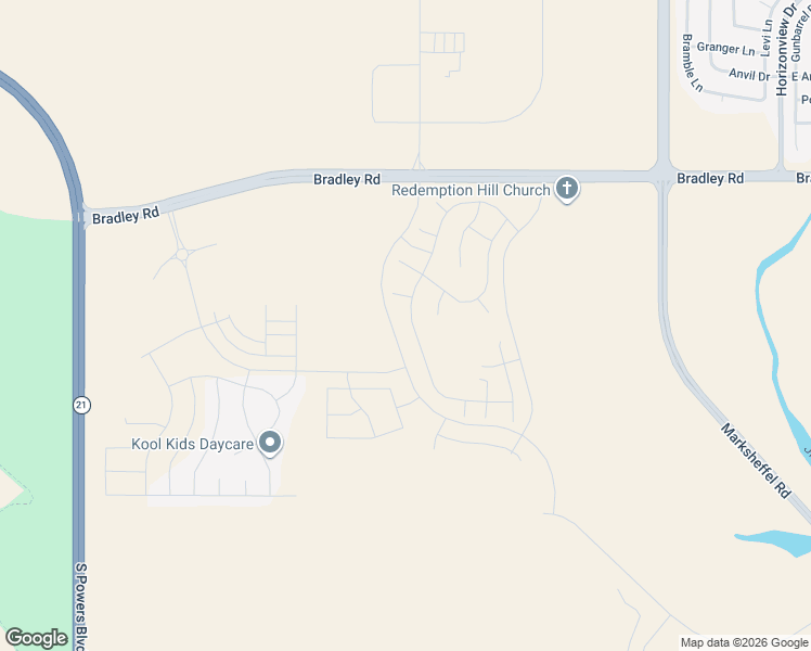 map of restaurants, bars, coffee shops, grocery stores, and more near Bradley Road in Colorado Springs