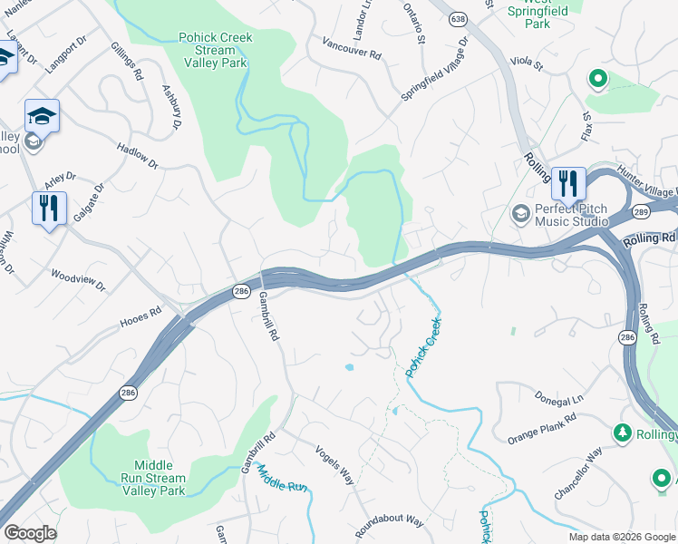 map of restaurants, bars, coffee shops, grocery stores, and more near 7300 Edge Creek Lane in Springfield