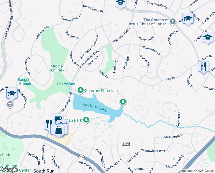 map of restaurants, bars, coffee shops, grocery stores, and more near 9029 Gavelwood Court in Springfield