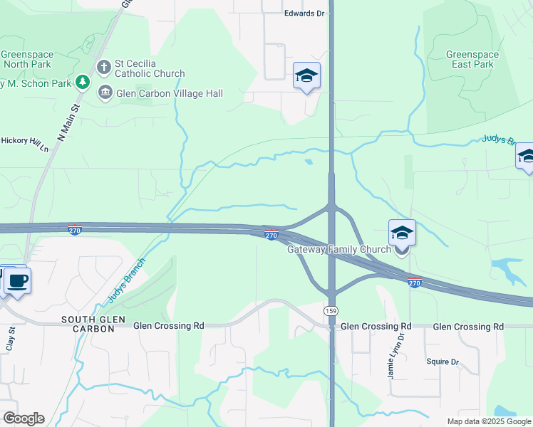 map of restaurants, bars, coffee shops, grocery stores, and more near Troy Rd in Glen Carbon