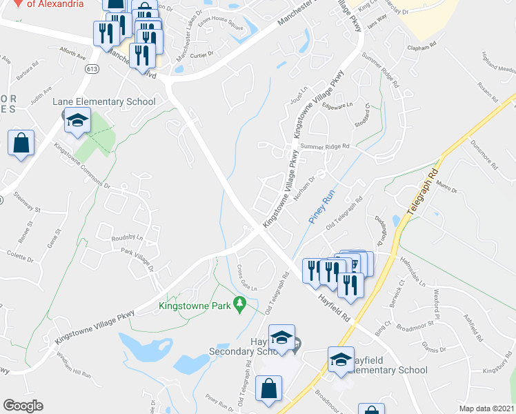 map of restaurants, bars, coffee shops, grocery stores, and more near 7339 Mallory Circle in Alexandria