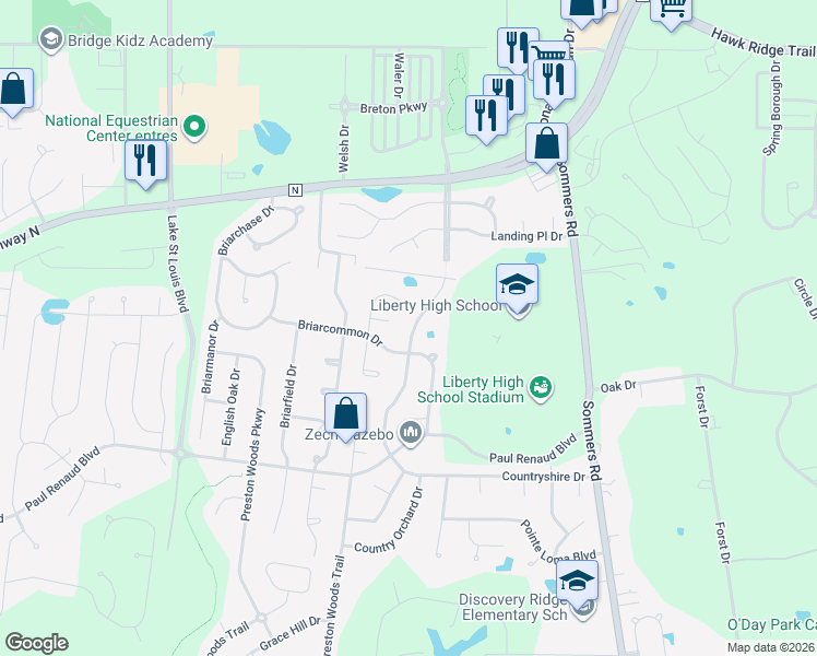 map of restaurants, bars, coffee shops, grocery stores, and more near 402 Briarcommon Drive in Lake Saint Louis