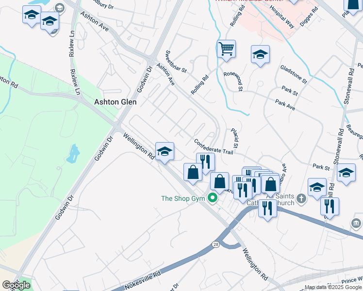 map of restaurants, bars, coffee shops, grocery stores, and more near 9161 Kershaw Court in Manassas