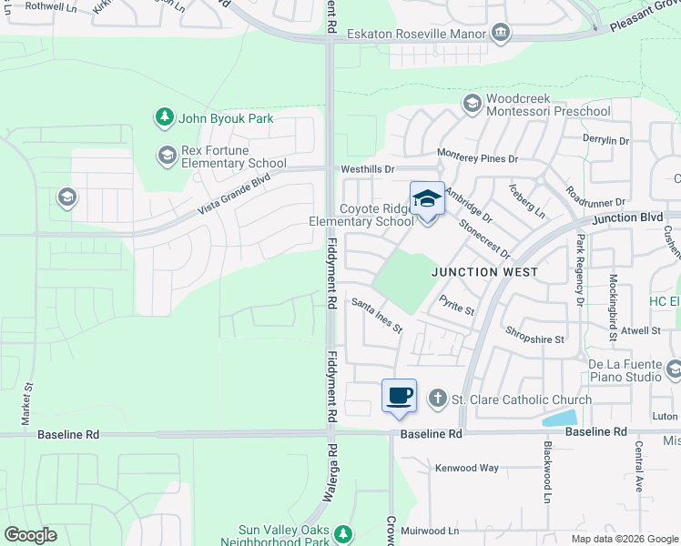 map of restaurants, bars, coffee shops, grocery stores, and more near 116 Soledad Court in Roseville