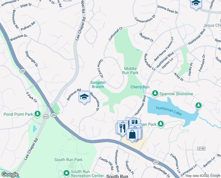 map of restaurants, bars, coffee shops, grocery stores, and more near 7171 Game Lord Drive in Springfield