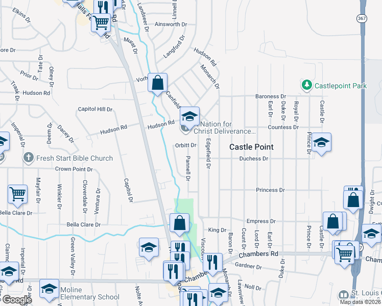 map of restaurants, bars, coffee shops, grocery stores, and more near 10256 Pannell Drive in St. Louis
