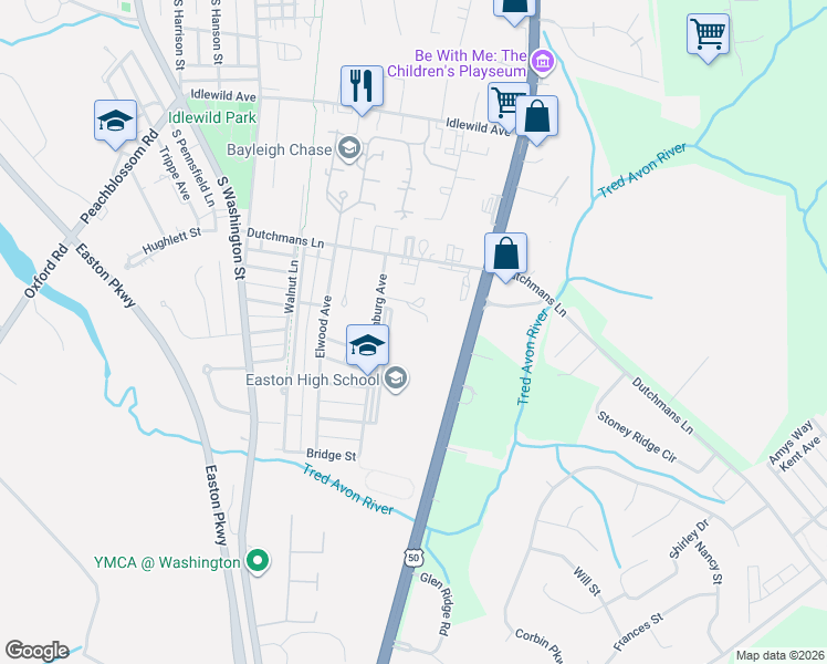 map of restaurants, bars, coffee shops, grocery stores, and more near 640 Mecklenburg Avenue in Easton