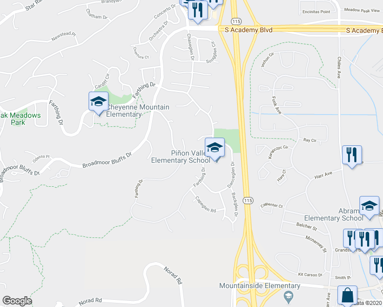 map of restaurants, bars, coffee shops, grocery stores, and more near 5125 Briscoglen Drive in Colorado Springs