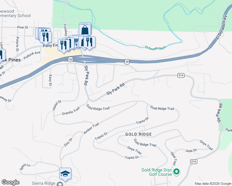 map of restaurants, bars, coffee shops, grocery stores, and more near 3205 Roland Court in Pollock Pines