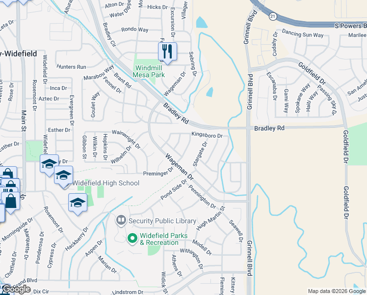 map of restaurants, bars, coffee shops, grocery stores, and more near 916 Red Brooke Drive in Colorado Springs