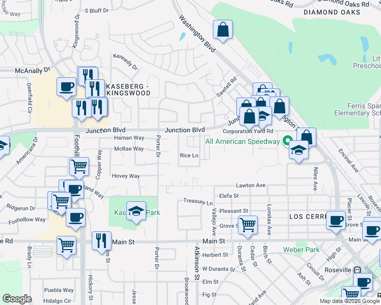 map of restaurants, bars, coffee shops, grocery stores, and more near 1314 Len Way in Roseville