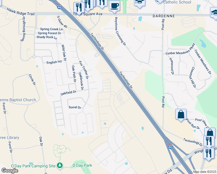 map of restaurants, bars, coffee shops, grocery stores, and more near 2601 U.S. 40 in O'Fallon