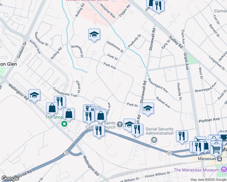 map of restaurants, bars, coffee shops, grocery stores, and more near 9112 Tall Oaks Court in Manassas