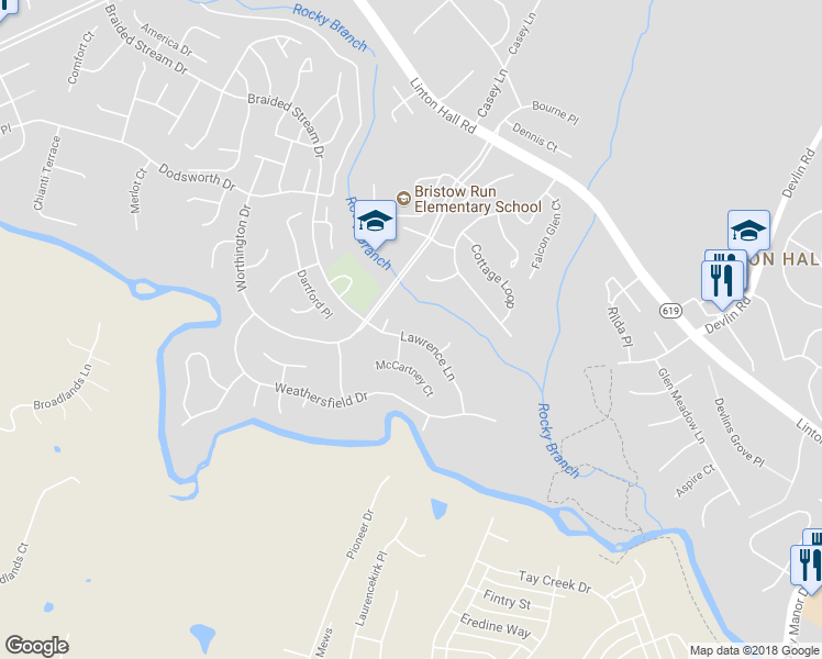 map of restaurants, bars, coffee shops, grocery stores, and more near 13400 Lawrence Lane in Bristow