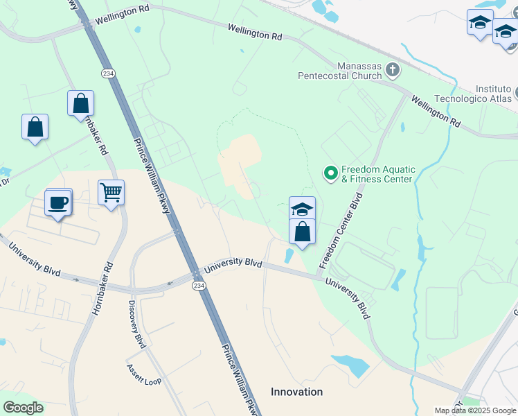 map of restaurants, bars, coffee shops, grocery stores, and more near George Mason Circle in Manassas