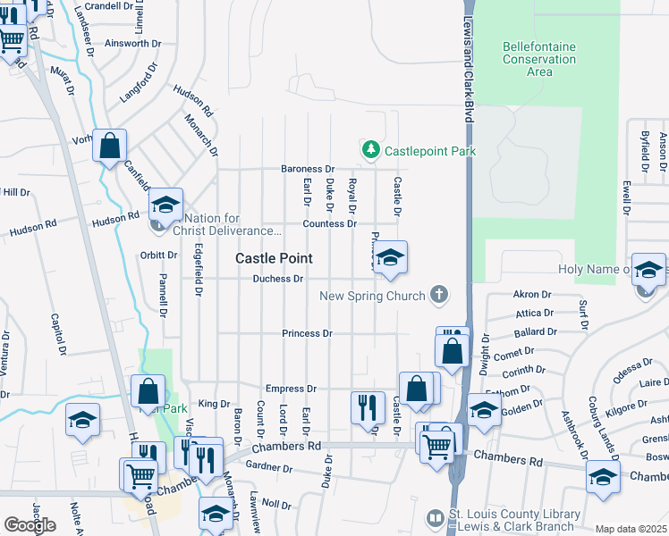 map of restaurants, bars, coffee shops, grocery stores, and more near 10308 Duke Drive in St. Louis